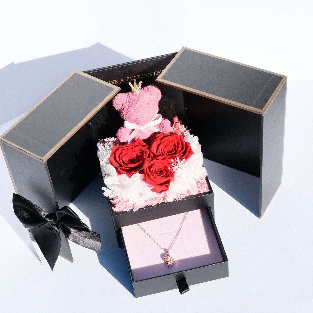Everlasting Flower Bear Gift Box for Proposal- Black