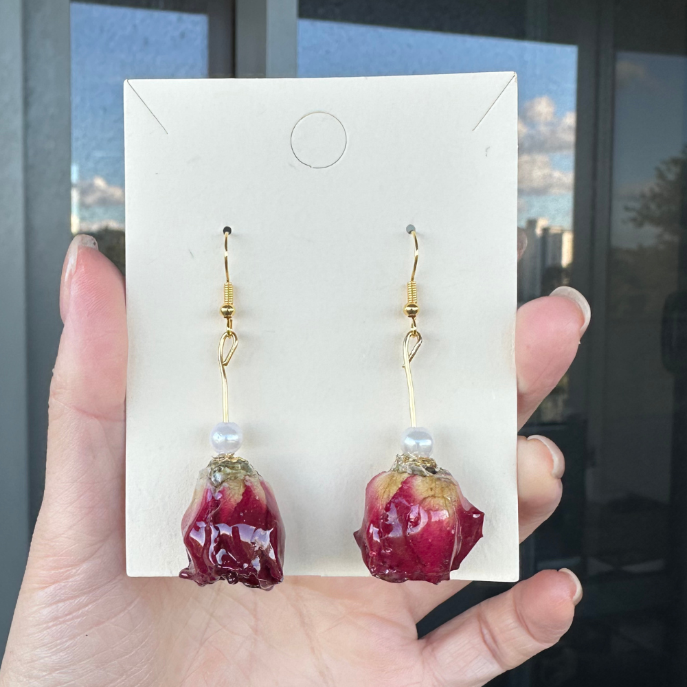 Handmade Resin Dried Flower Earrings - Red Rose