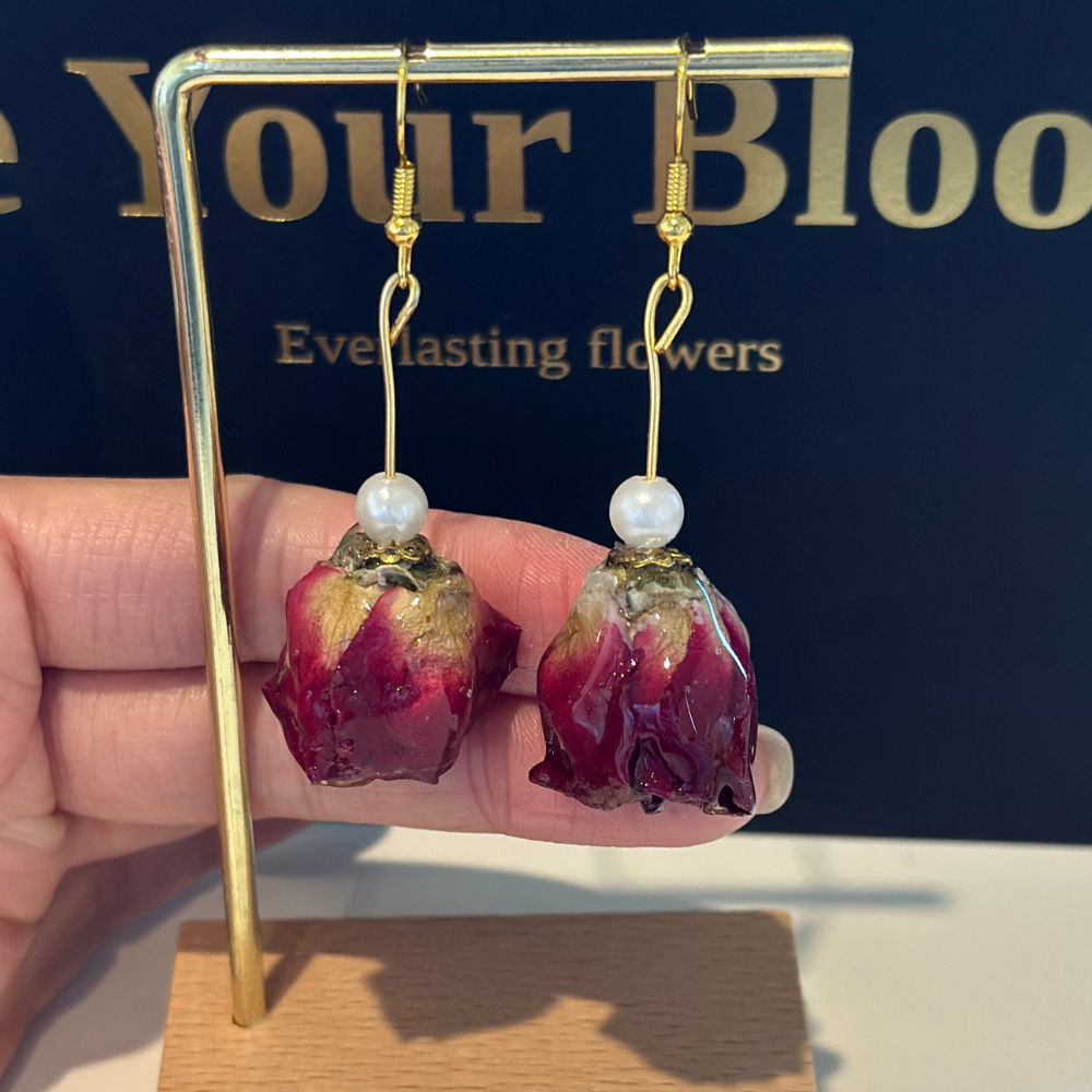 Handmade Resin Dried Flower Earrings - Red Rose