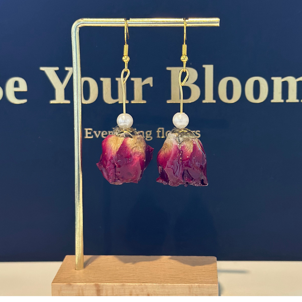 Handmade Resin Dried Flower Earrings - Red Rose