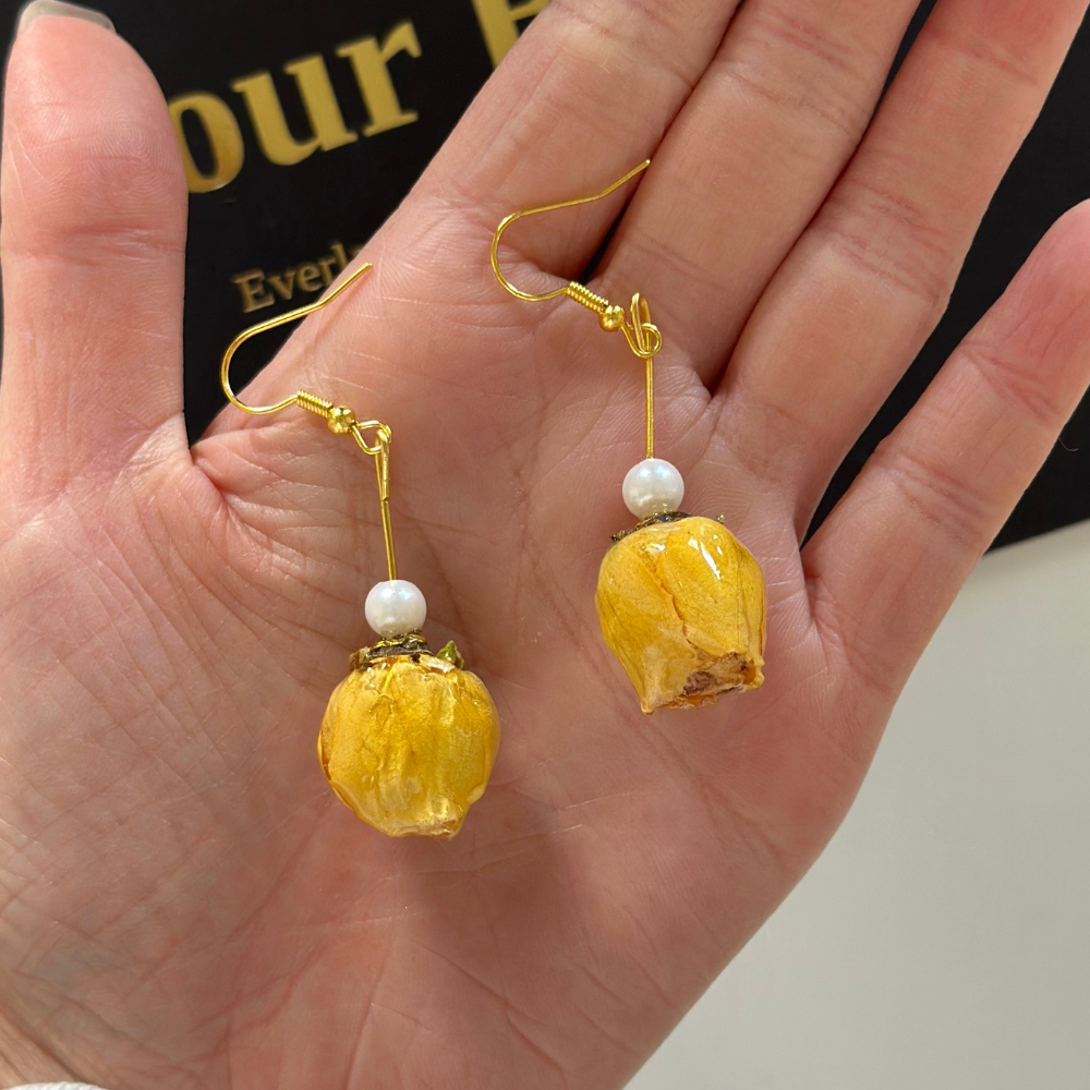Handmade Resin Dried Flower Earrings - Yellow Rose