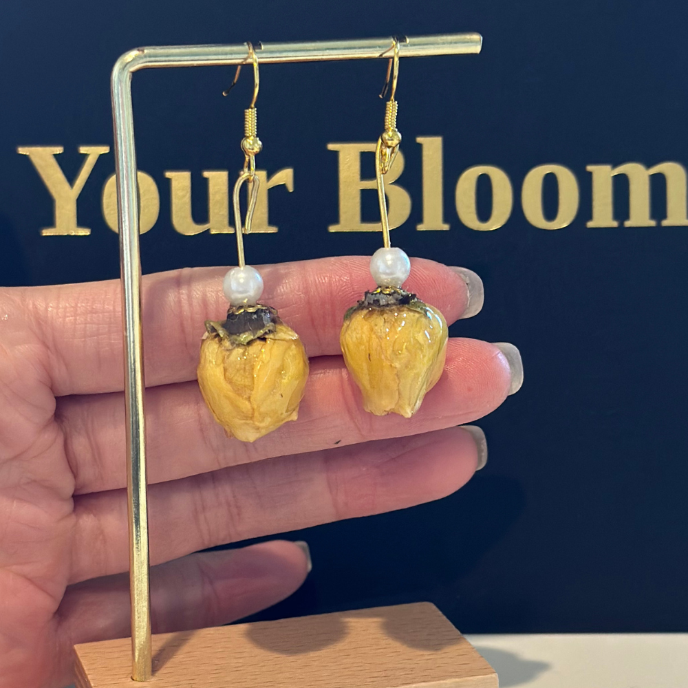 Handmade Resin Dried Flower Earrings - Yellow Rose