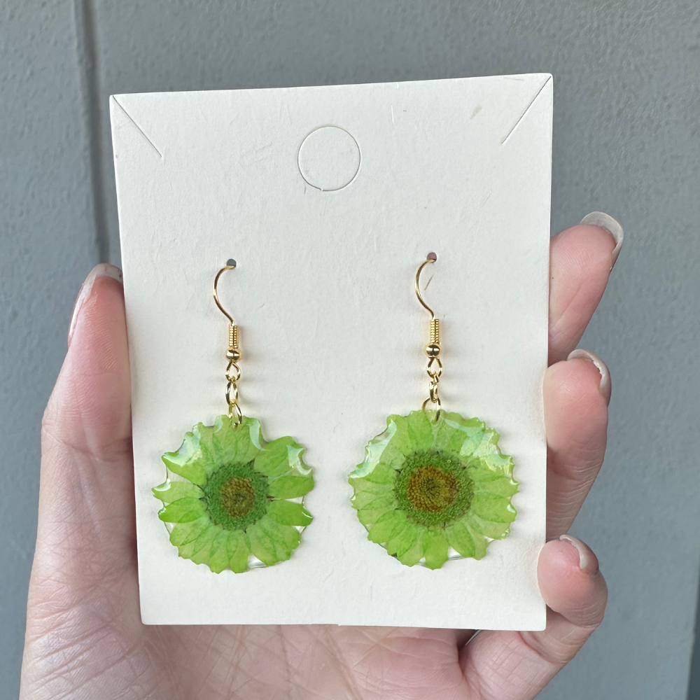 Handmade Resin Dried Flower Earrings - Green