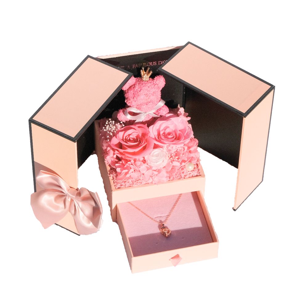 Everlasting Flower Bear Gift Box for Proposal- Pink