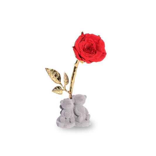 Golden Everlasting flowers with two teddy bear - Red
