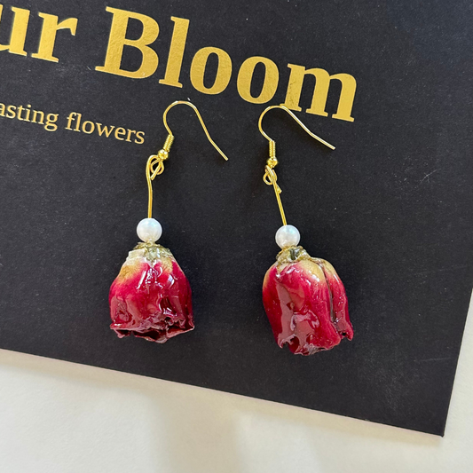 Handmade Resin Dried Flower Earrings - Red Rose