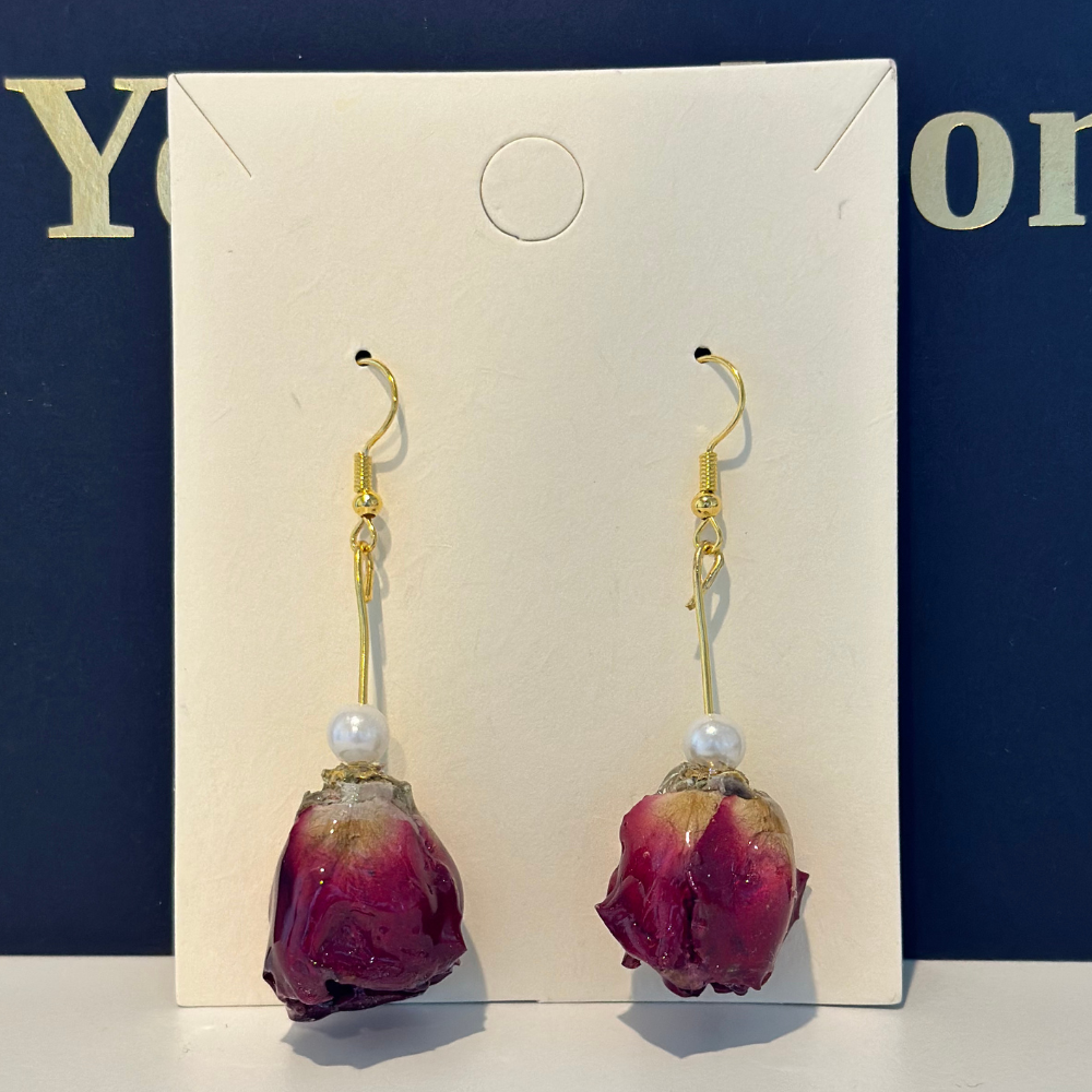 Handmade Resin Dried Flower Earrings - Red Rose